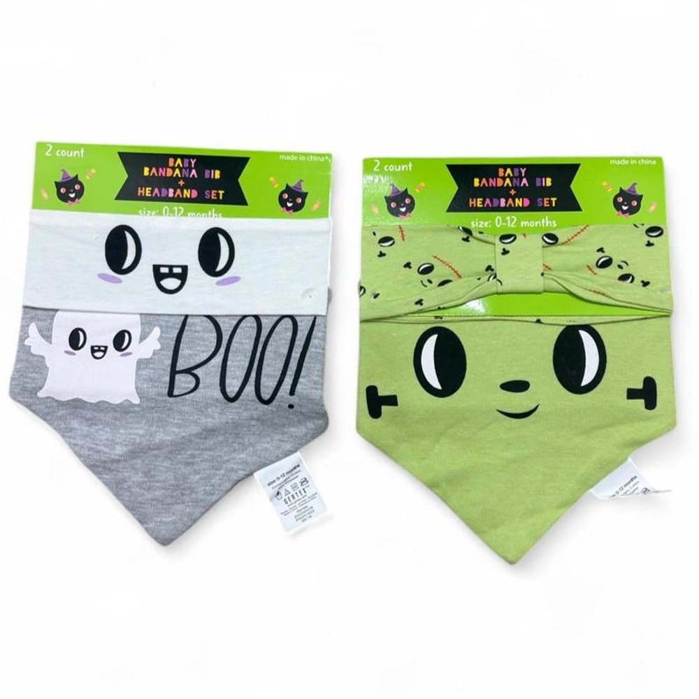 Halloween Baby Bib & Headband Set Kawaii 0-12M set of 2 ghost & Frankenstein